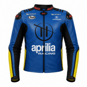 Front view of Ai Ogura Trackhouse Aprilia MotoGP Sky Blue Leather Jacket