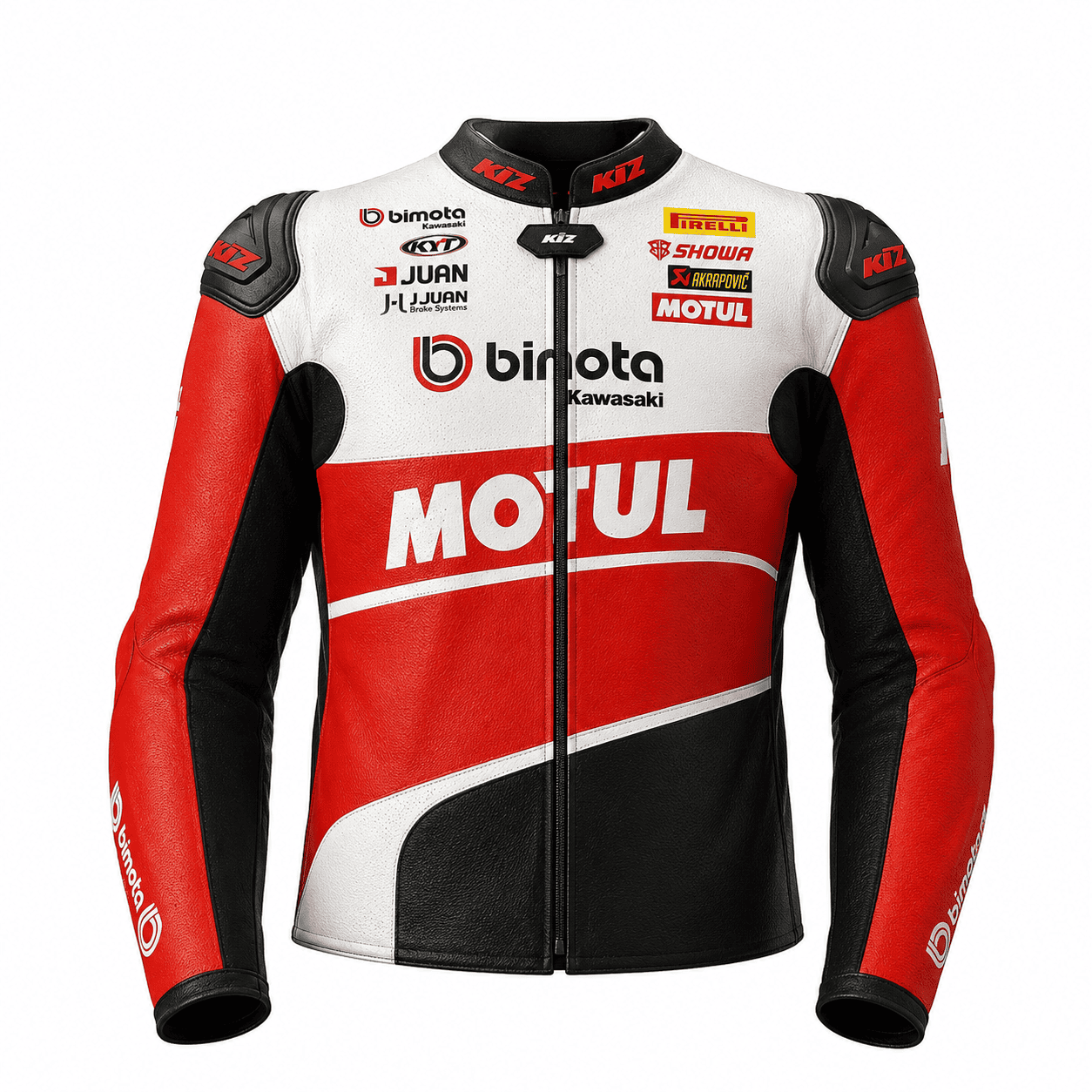 alex-lowes-bimota-kawasaki-racing-leather-jacket-front.jpg Front view of Alex Lowes Bimota Kawasaki racing leather jacket