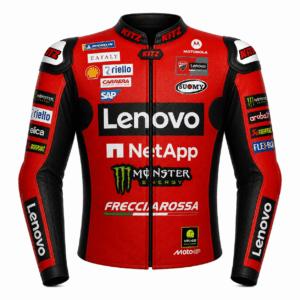 Front view of Francesco Bagnaia Lenovo Ducati MotoGP Leather Jacket 2025