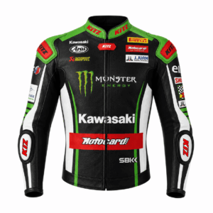Front view of Jonathan Rea Kawasaki 2017 racing leather jacket