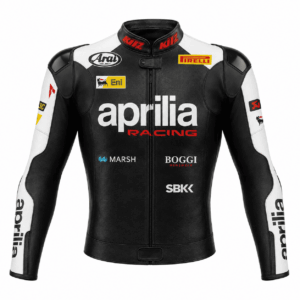 Front view of Leon Haslam Aprilia WSBK leather racing jacket