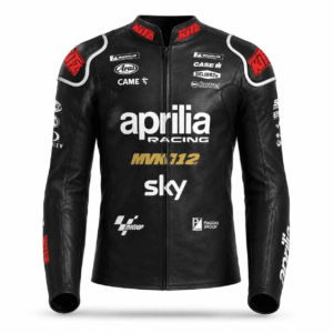 Front view of Maverick Vinales Aprilia MotoGP 2024 leather racing jacket