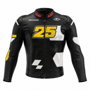 Front view of Raul Fernandez Aprilia Black Leather Racing Jacket
