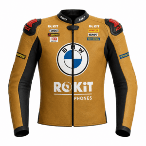 Front view of Toprak Razgatlioglu BMW camel leather racing jacket
