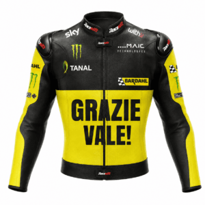 Front view of Valentino Rossi VR46 Grazie Vale Leather Racing Jacket 2022